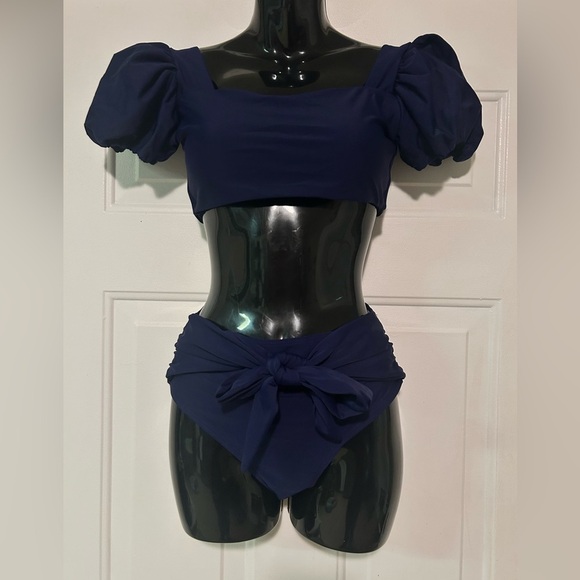 Women High Waisted 2 Piece Swimsuits Puff Sleeve Top with Bikini Bottom Strappy - Picture 2 of 13